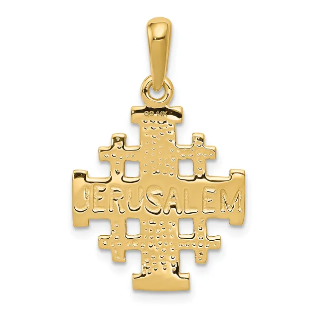 Gold pendant featuring a Jerusalem cross with textured surface and cutout squares, suspended from a bail loop.