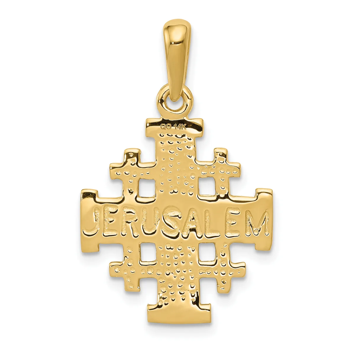 Gold pendant featuring a Jerusalem cross with textured surface and cutout squares, suspended from a bail loop.