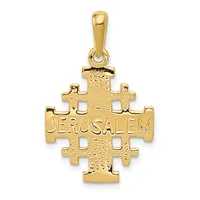 Gold pendant featuring a Jerusalem cross with textured surface and cutout squares, suspended from a bail loop.