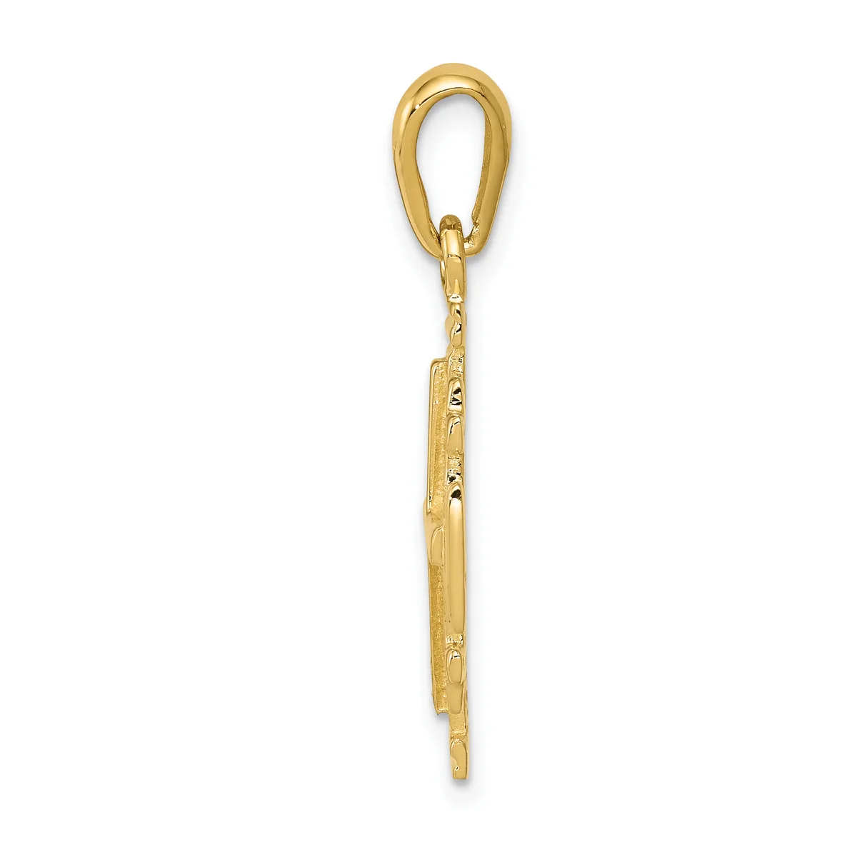A gold-toned metal pendant featuring an oval loop at the top connected to a rectangular charm with small cutout details along its length.