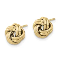 A pair of gold-toned twisted knot stud earrings with post and clutch backs, shown from the front.