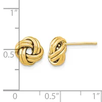 Pair of polished gold twisted knot stud earrings shown next to a ruler displaying approximately half-inch dimensions.