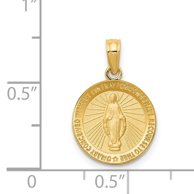Gold round medallion pendant featuring a standing figure with radiating lines, suspended from a bail, shown next to a ruler measuring approximately one inch in diameter.