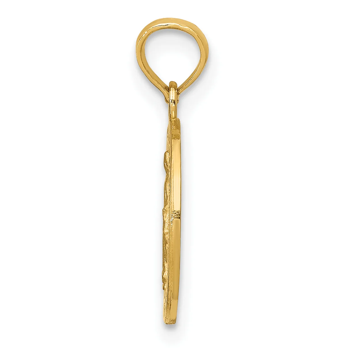 A gold pendant with a circular loop at the top and a textured cylindrical shaft extending downward, shown against a white background.