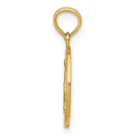 A gold pendant with a circular loop at the top and a textured cylindrical shaft extending downward, shown against a white background.