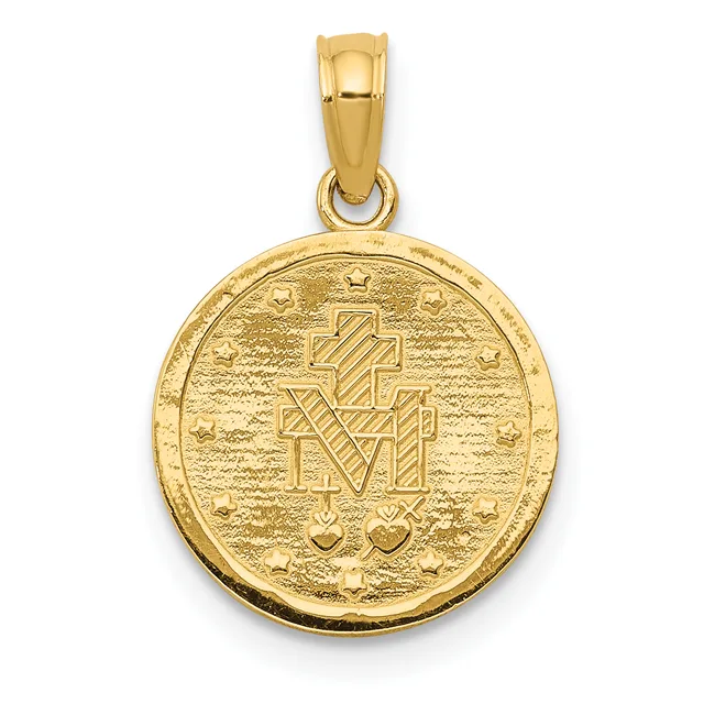 Gold-toned circular pendant featuring a cross design with decorative hearts at the bottom, suspended from a matching bail, shown against a white background.