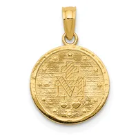 Gold-toned circular pendant featuring a cross design with decorative hearts at the bottom, suspended from a matching bail, shown against a white background.