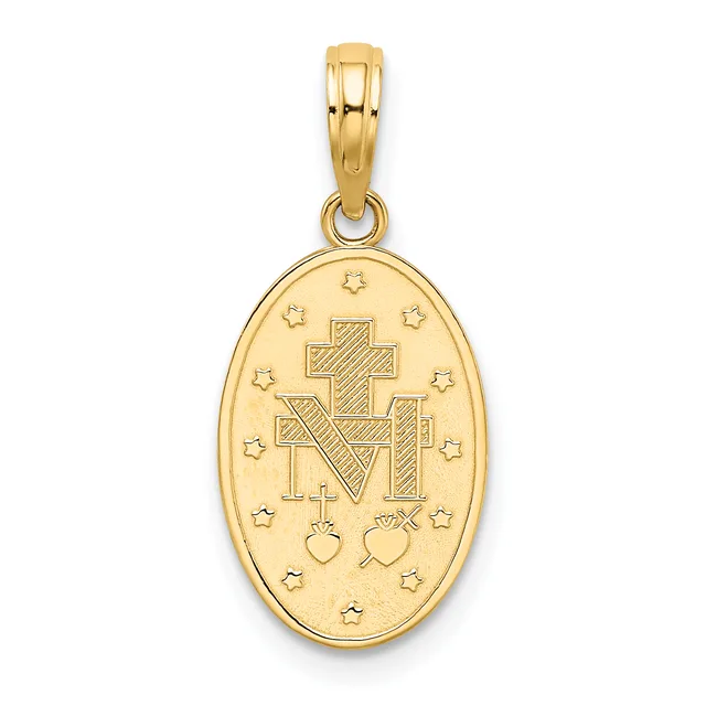 Gold oval pendant featuring a cross with interlocking design, surrounded by small stars and hearts, suspended from a gold bail.