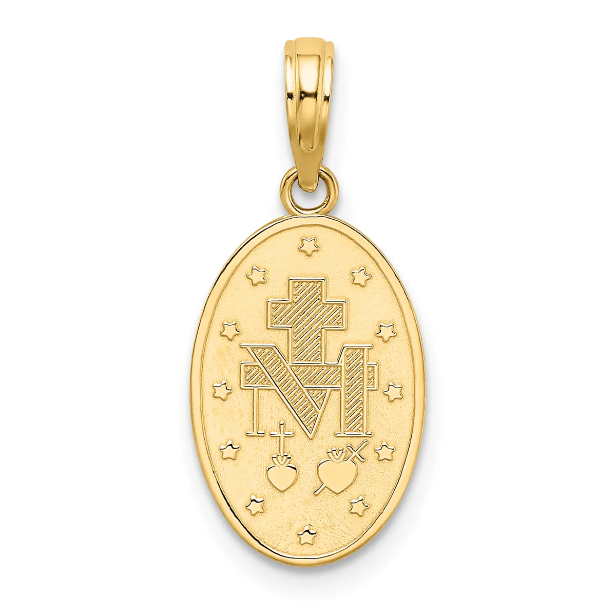 Gold oval pendant featuring a cross with interlocking design, surrounded by small stars and hearts, suspended from a gold bail.