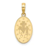 Gold oval pendant featuring a cross with interlocking design, surrounded by small stars and hearts, suspended from a gold bail.