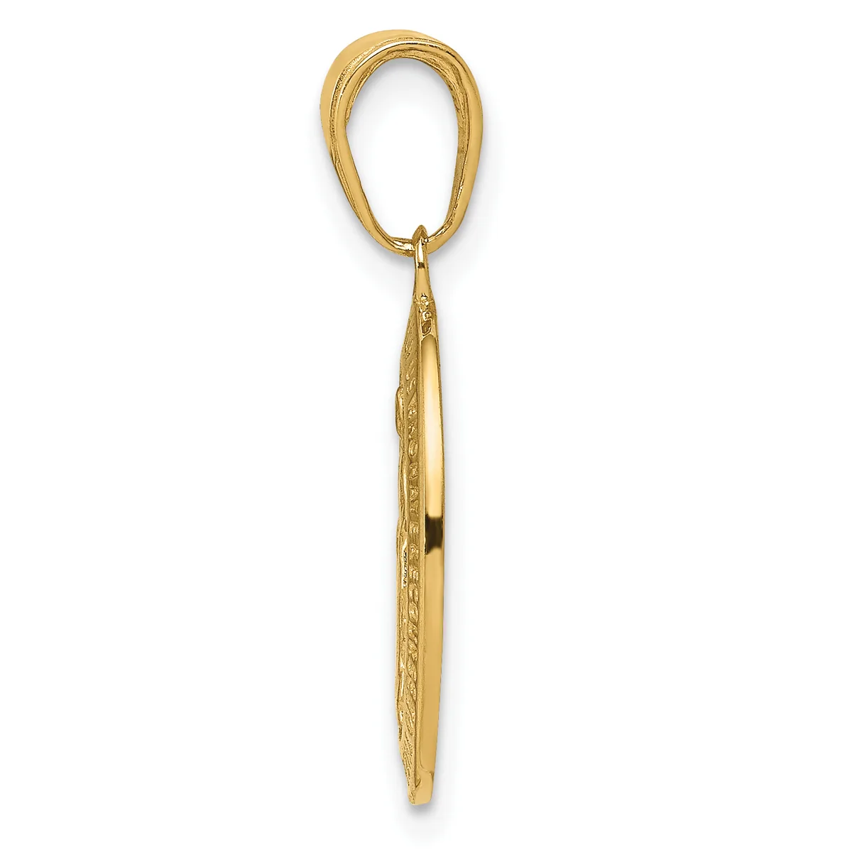 A gold-colored elongated teardrop pendant with textured surface detail, suspended from a matching oval loop bail.