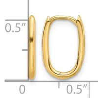 A pair of polished yellow gold oval hoop earrings with a hinged closure, shown with measurements indicating 0.5 inches in height and width.