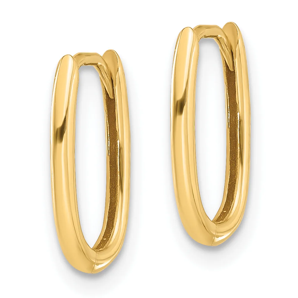 A pair of polished gold hoop earrings with oval shapes, shown from the front against a white background.