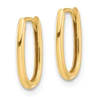 A pair of polished gold hoop earrings with oval shapes, shown from the front against a white background.