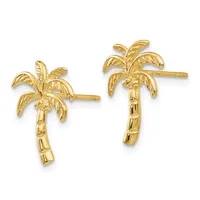 Pair of gold palm tree stud earrings with textured trunks and detailed frond tops, shown from front and back views.