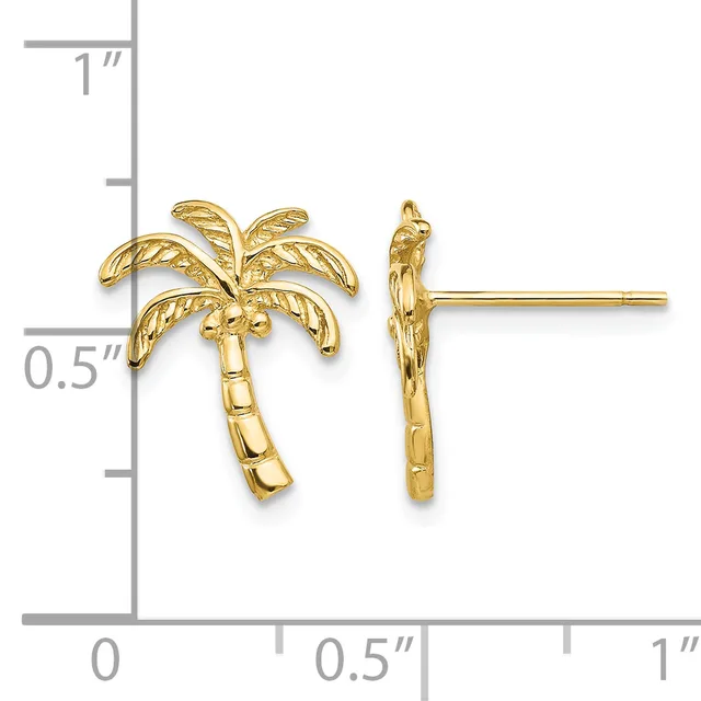Gold palm tree stud earrings shown next to a ruler for scale, measuring approximately half an inch tall with textured fronds and trunk.