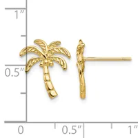 Gold palm tree stud earrings shown next to a ruler for scale, measuring approximately half an inch tall with textured fronds and trunk.