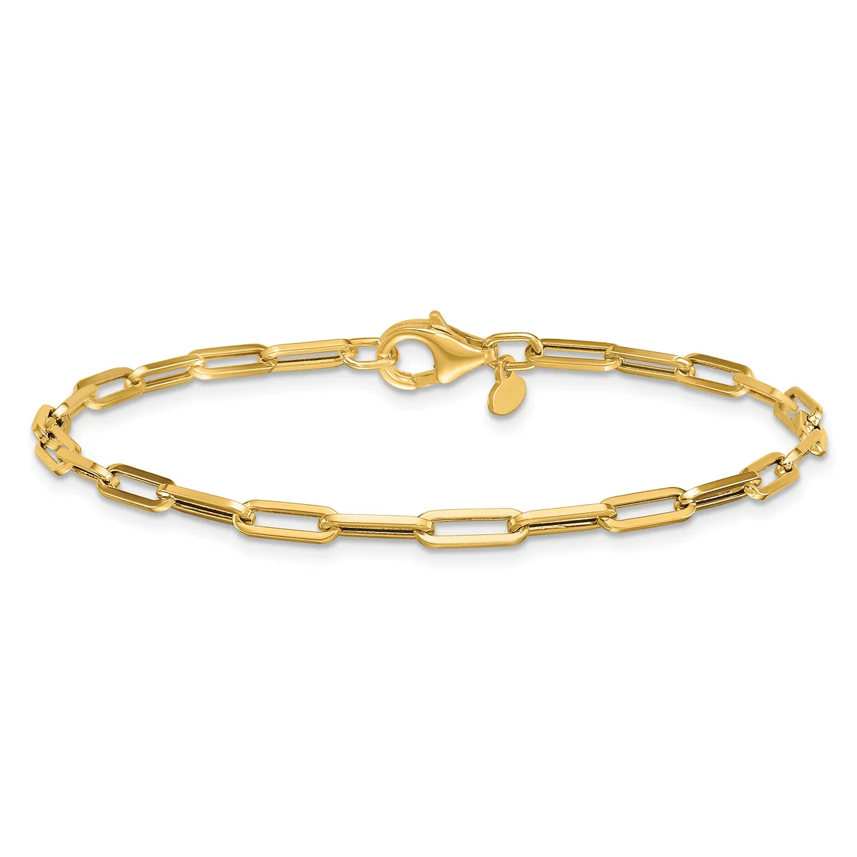 A gold paperclip chain bracelet with an open rectangular link design and a lobster claw clasp, displayed against a white background.
