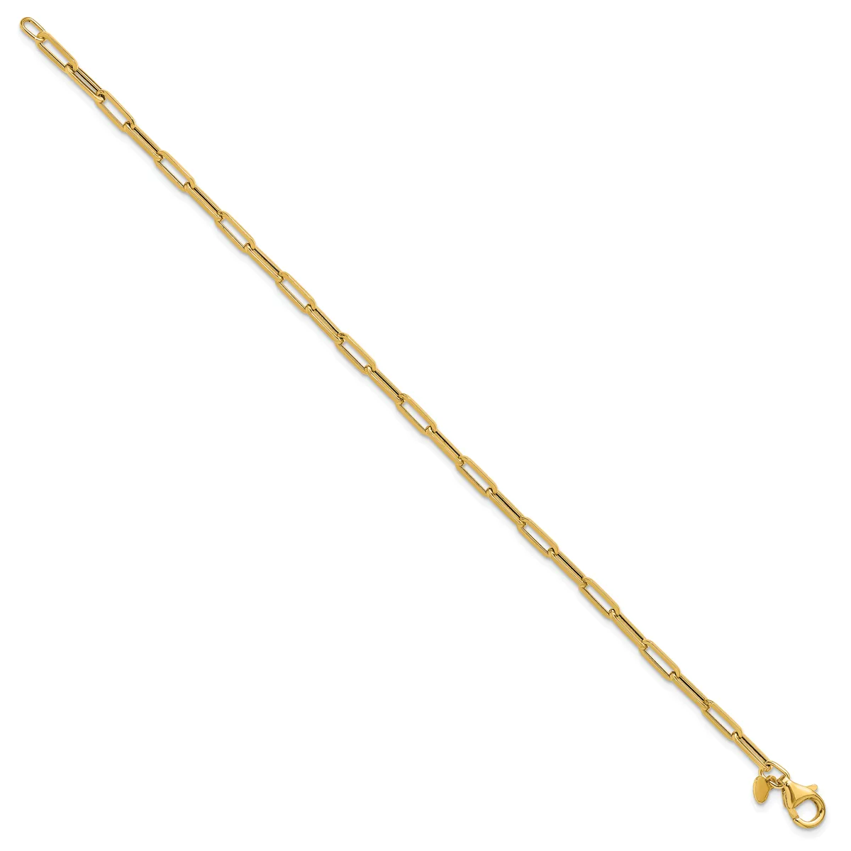 A gold paperclip chain bracelet with elongated oval links and a small lobster clasp closure.