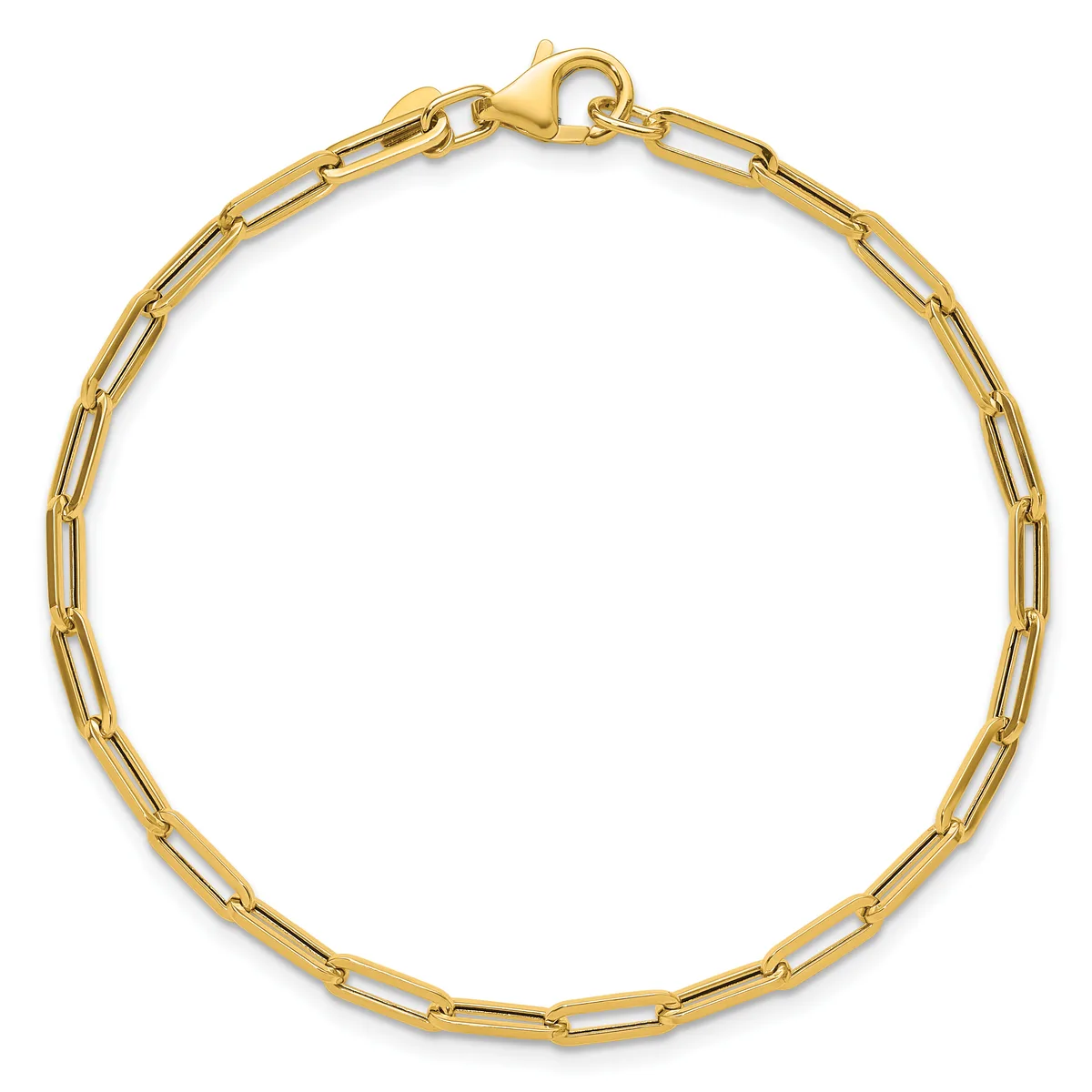 Gold-toned paperclip chain bracelet with an open rectangular link design and a lobster claw clasp, displayed against a white background.