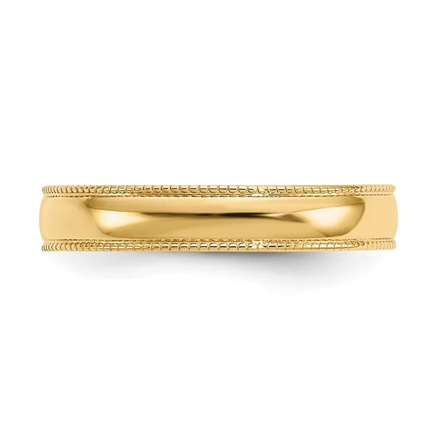 A gold wedding band with a polished domed center and textured milgrain edges on both sides, displayed on a white background.