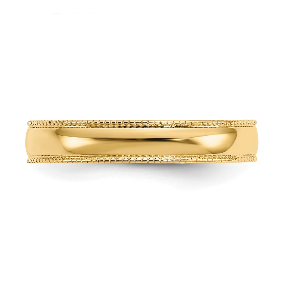 A gold wedding band with a polished domed center and textured milgrain edges on both sides, displayed on a white background.