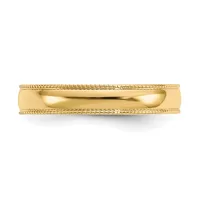 A gold wedding band with a polished domed center and textured milgrain edges on both sides, displayed on a white background.