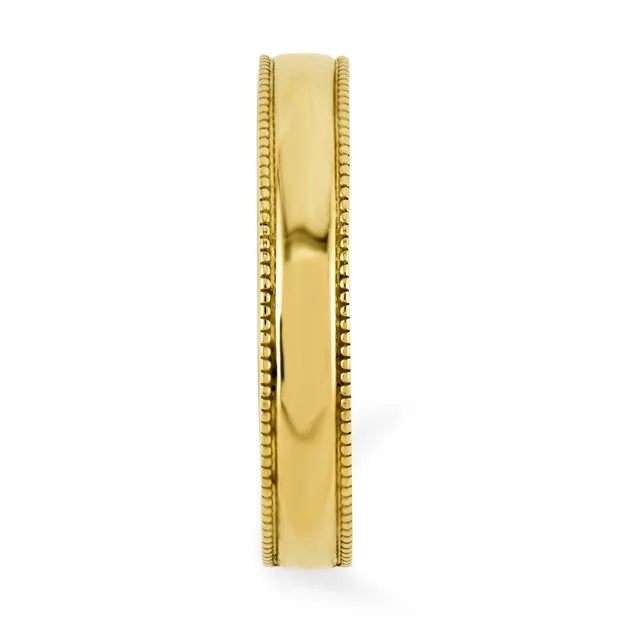 A polished yellow gold band ring with decorative beaded edges on both sides, shown against a white background.