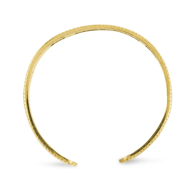 Open-ended gold cuff bracelet with a textured hammered finish throughout, shown against a white background.