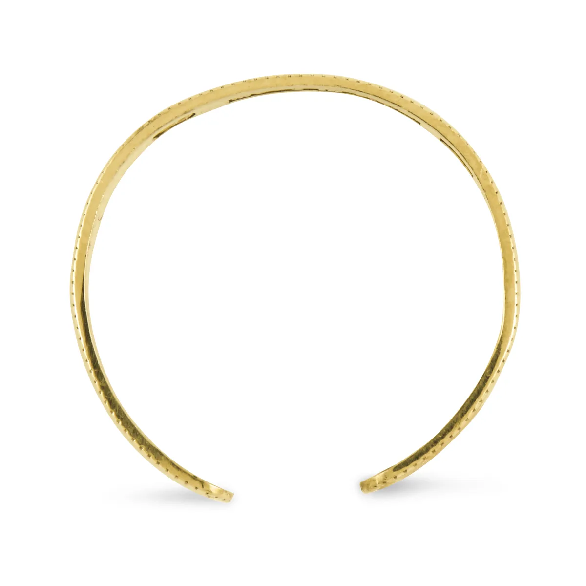 Open-ended gold cuff bracelet with a textured hammered finish throughout, shown against a white background.