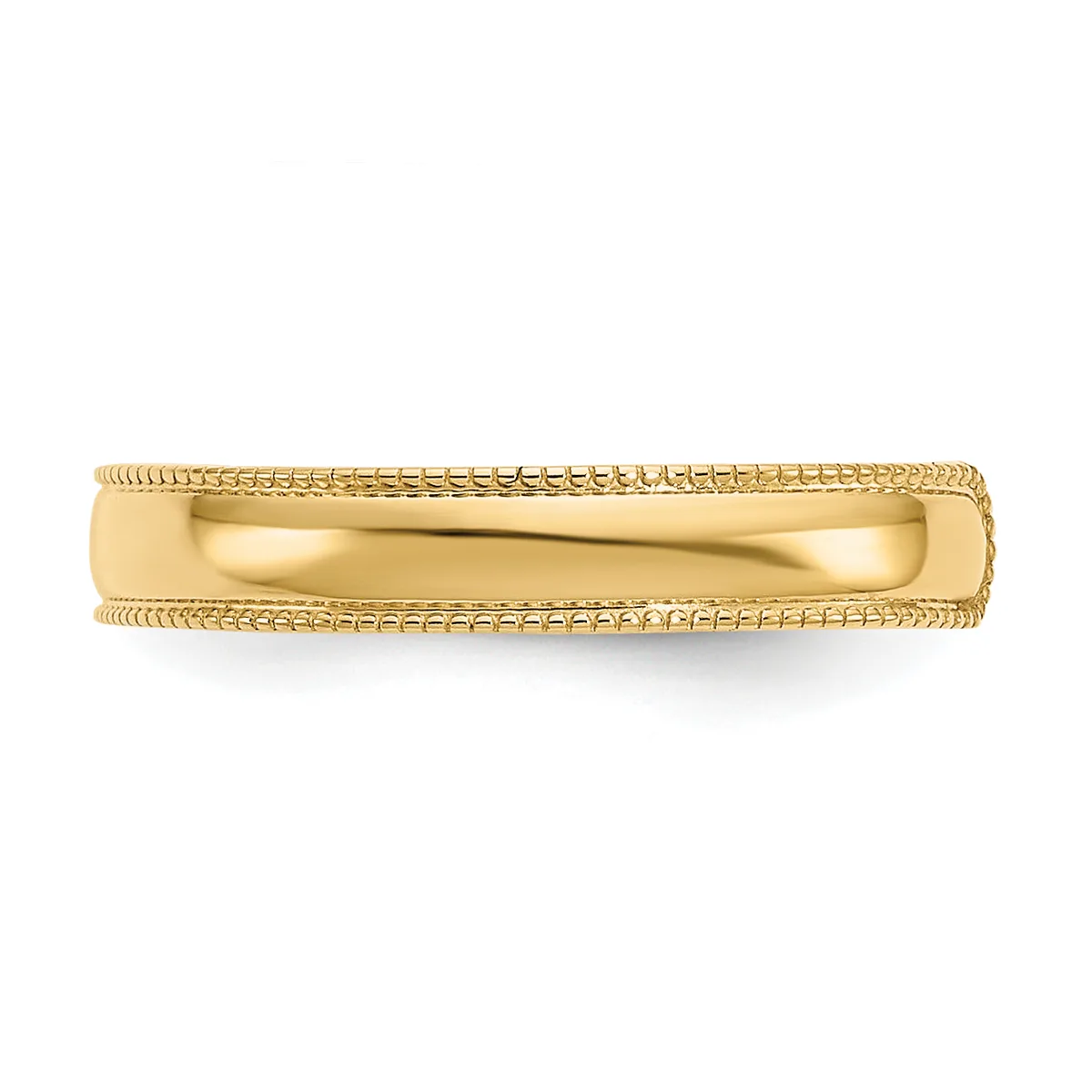 A polished gold band ring with textured milgrain edging along the top and bottom borders, shown on a white background.