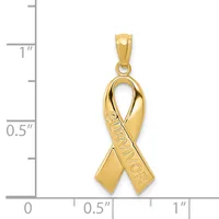 Gold ribbon awareness pendant with "SURVIVOR" engraved on one side, shown next to a ruler displaying its size of approximately one inch tall.