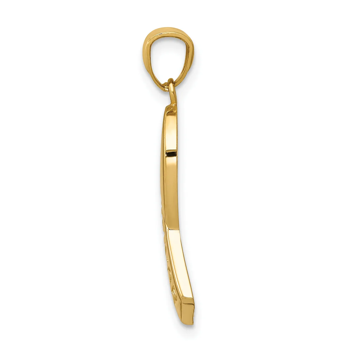 Gold-toned metal pendant with an oval loop at the top and a rectangular bar hanging below, featuring a small hallmark on the surface.