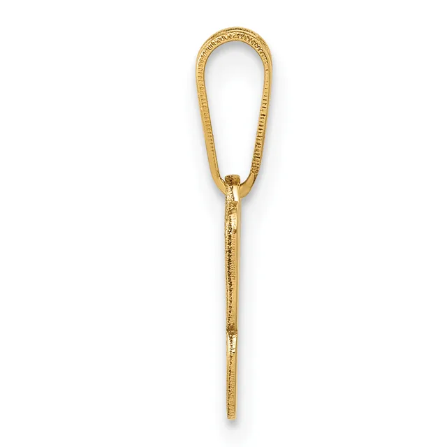 Gold metal safety pin pendant with a teardrop-shaped loop at the top and a pointed pin shaft below, shown from the back against a white background.