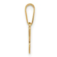 Gold metal safety pin pendant with a teardrop-shaped loop at the top and a pointed pin shaft below, shown from the back against a white background.