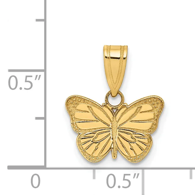 Small 14k yellow gold butterfly pendant with engraved wing details on a bail, shown against a white background with a ruler indicating approximately 0.5 inch size.