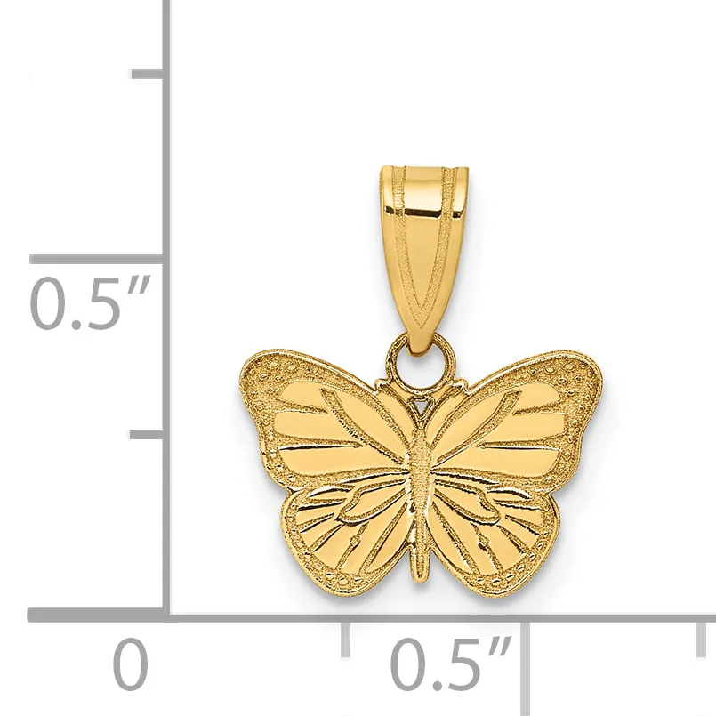 Small 14k yellow gold butterfly pendant with engraved wing details on a bail, shown against a white background with a ruler indicating approximately 0.5 inch size.