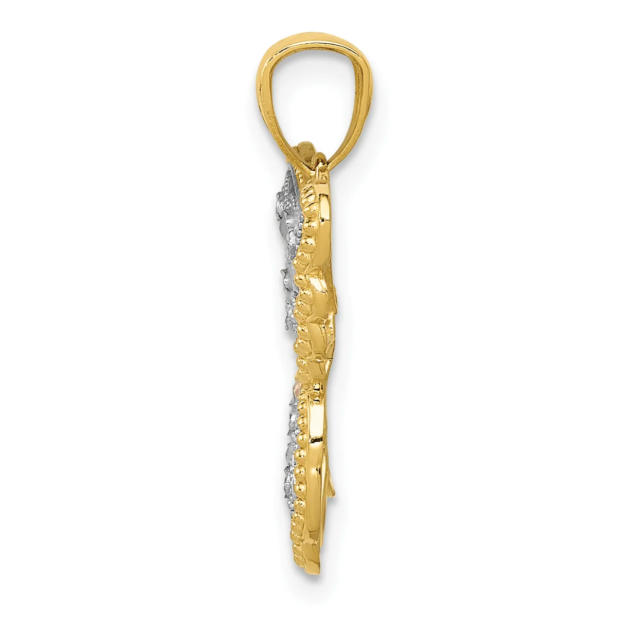 A two-tone gold pendant charm featuring a textured cylindrical body with diamond accents, suspended from a rounded bail loop.