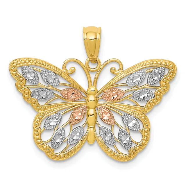 A tri-color gold butterfly pendant with white and rose gold filigree wings set with small diamonds, featuring a beaded gold border and a loop bail at the top.