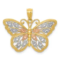 A tri-color gold butterfly pendant with white and rose gold filigree wings set with small diamonds, featuring a beaded gold border and a loop bail at the top.