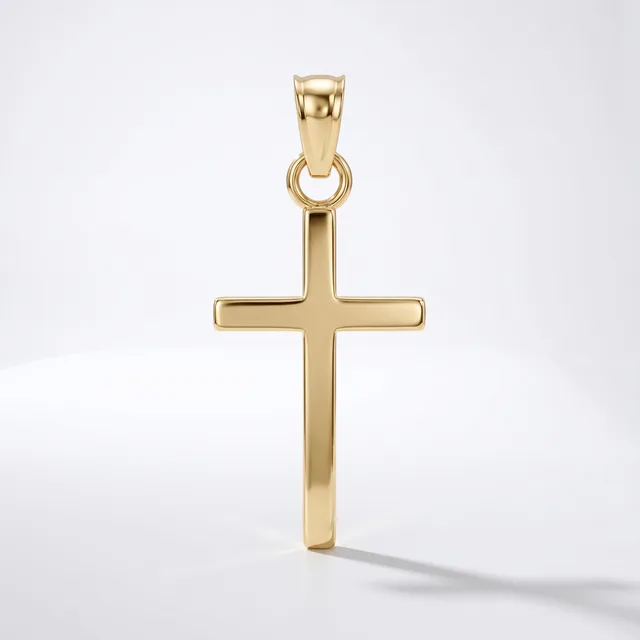 A polished gold cross pendant with a rectangular design and rounded edges, suspended from a matching bail, displayed against a white background.