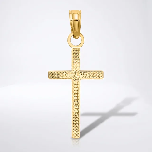 A gold cross pendant with textured surface and small hallmark, shown hanging from a bail against a white background with shadow.