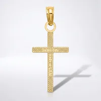 A gold cross pendant with textured surface and small hallmark, shown hanging from a bail against a white background with shadow.