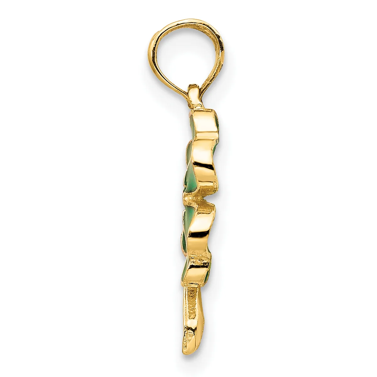 A gold keychain pendant with linked rectangular sections and green stone inlays, suspended from a split ring, shown against a white background.