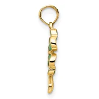 A gold keychain pendant with linked rectangular sections and green stone inlays, suspended from a split ring, shown against a white background.