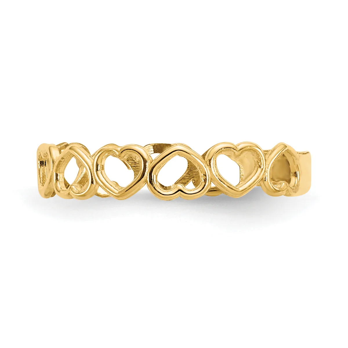 Gold-colored metal bangle bracelet with repeating open heart and infinity loop cutout design, shown on white background.