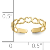 Gold cuff bracelet with five connected heart-shaped cutouts across the top and solid curved bands at the sides, shown with measurement scale.