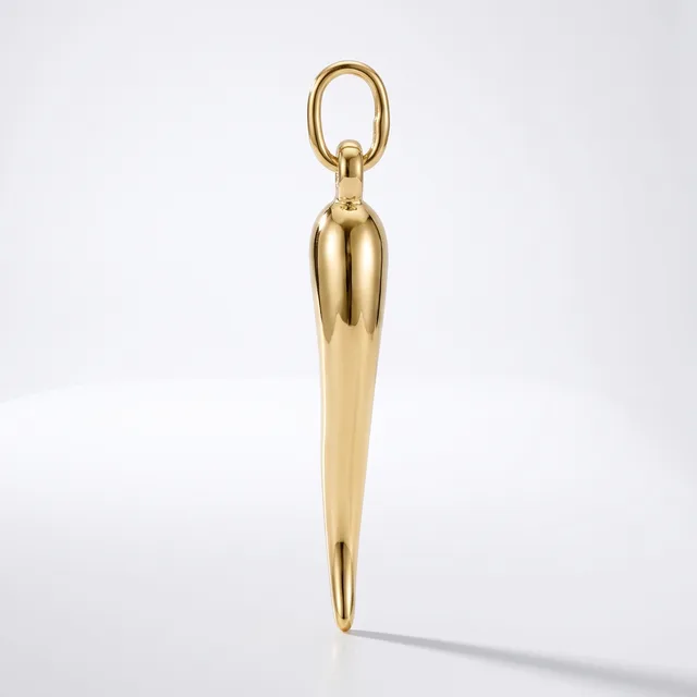 A polished brass pendant with an elongated tapered body and oval loop at the top, displayed against a white background.