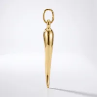 A polished brass pendant with an elongated tapered body and oval loop at the top, displayed against a white background.
