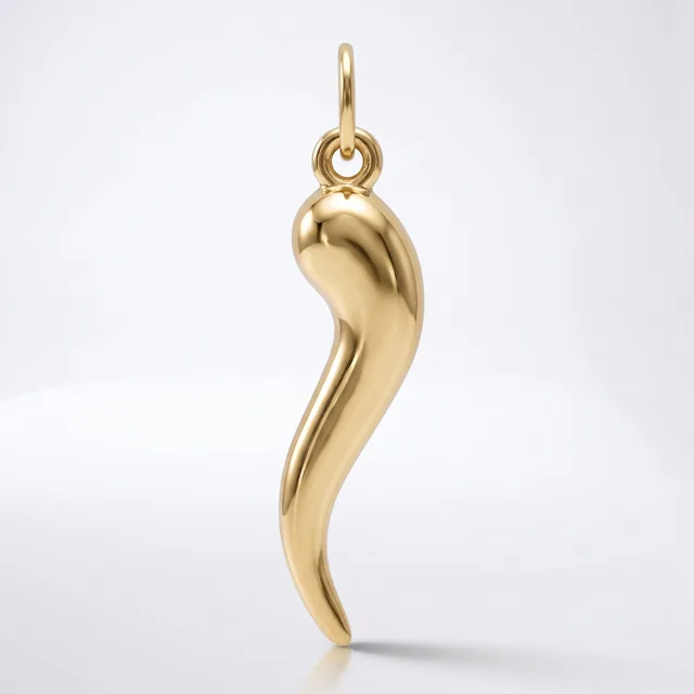 A polished gold curved horn-shaped pendant with a loop attachment at the top, displayed against a white background.